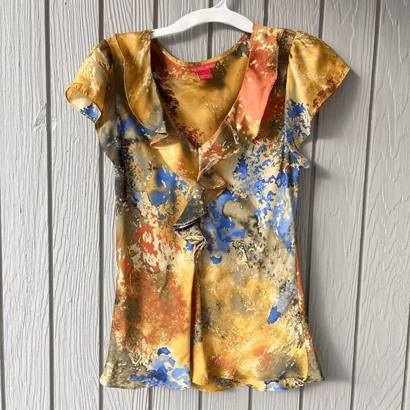 Sunny Leigh Ruffle Blouse Gold Multicolor Painterly Print Size L - Picture 1 of 4